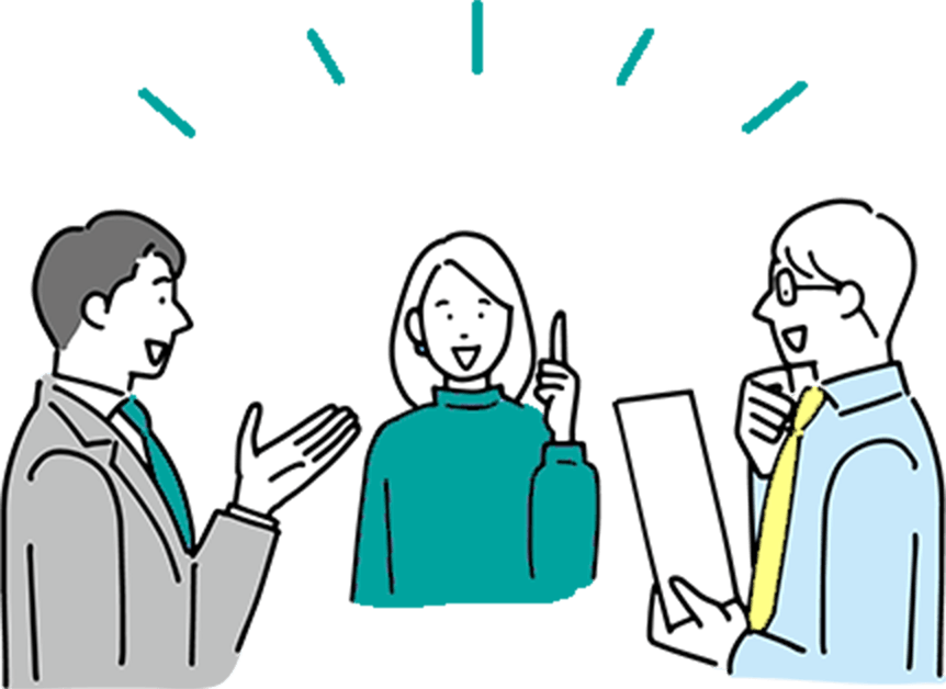 意見を出し合う3人の会社員のイラスト